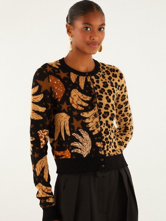 FARM Rio Sweaters - FARM Rio Banana Leopard Mixed Cardigan Black Size S NWT